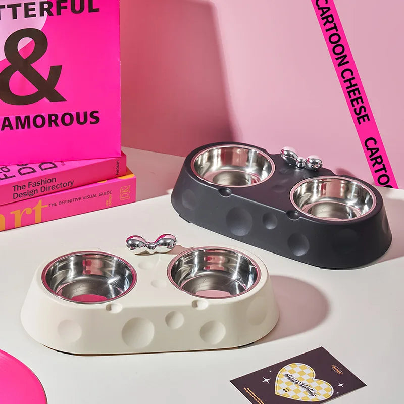 Dog Double Bowl Stainless Steel Puppy Food Water Feeder Durable Pet Drinking Dish Cat Tableware Non Slip Kitten Feeding Supplies