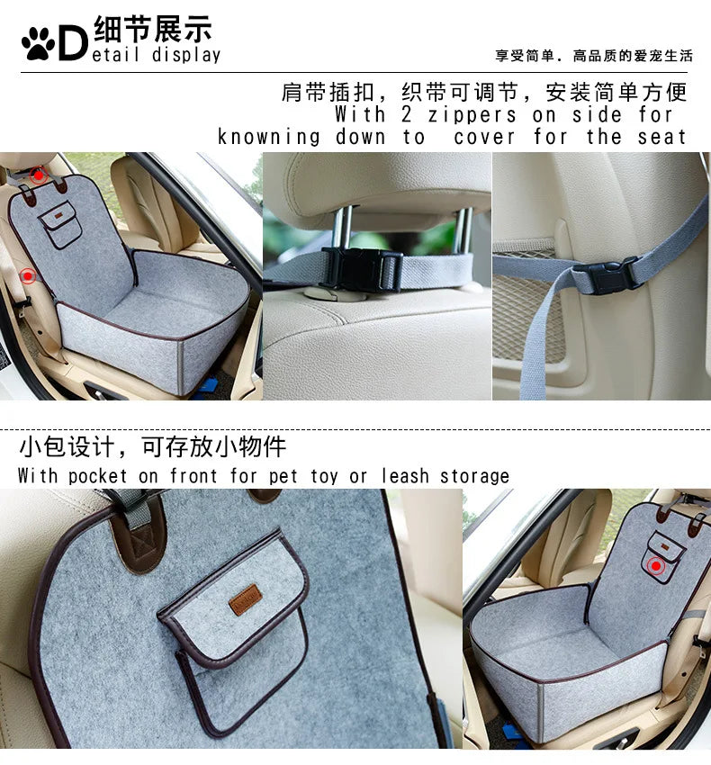 Pet Car Seat Cover Felt Material Booster Seat with Storage Pocket