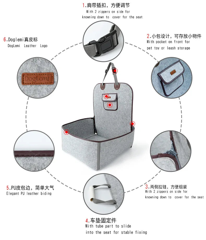 Pet Car Seat Cover Felt Material Booster Seat with Storage Pocket