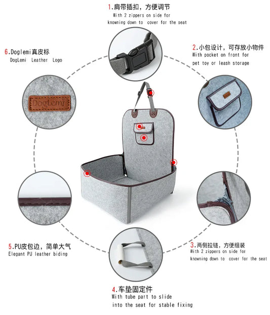 Pet Car Seat Cover Felt Material Booster Seat with Storage Pocket